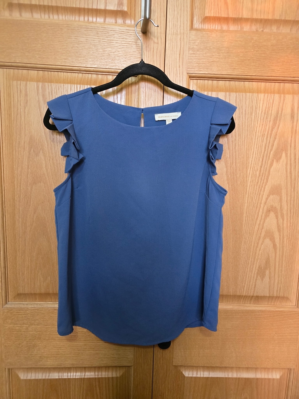 Monteau Blue Ruffle Sleeve Sleeveless Blouse